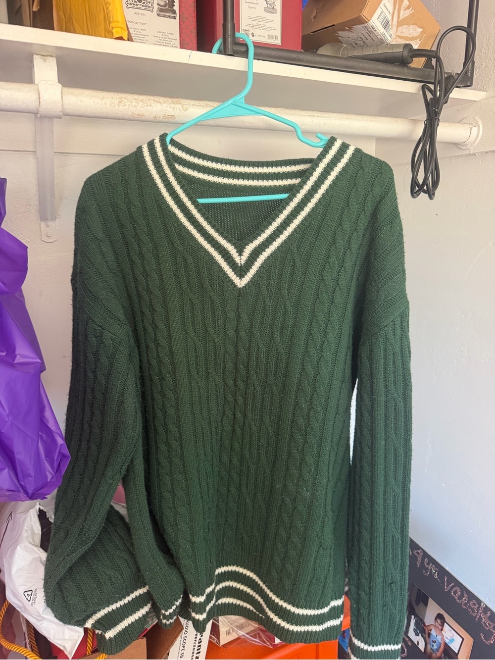 Green Cable-Knit V-Neck Sweater with White Stripe Trim